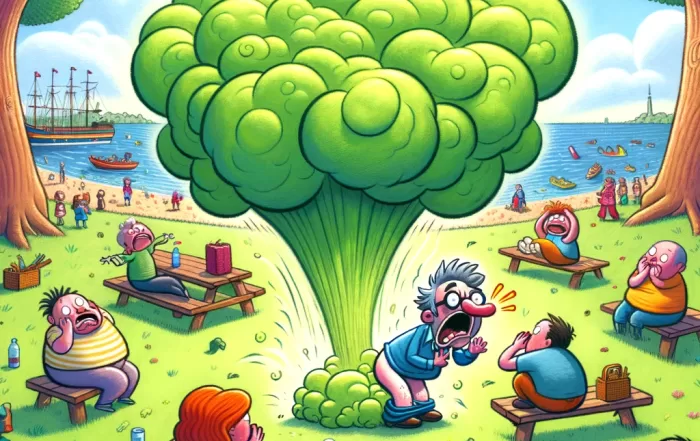 Thunderous fart - man farting with massive green cloud in a park setting